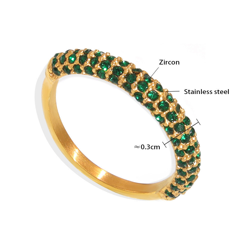 Luxury gold PVD plated ring with vibrant green diamond crystal statement stone