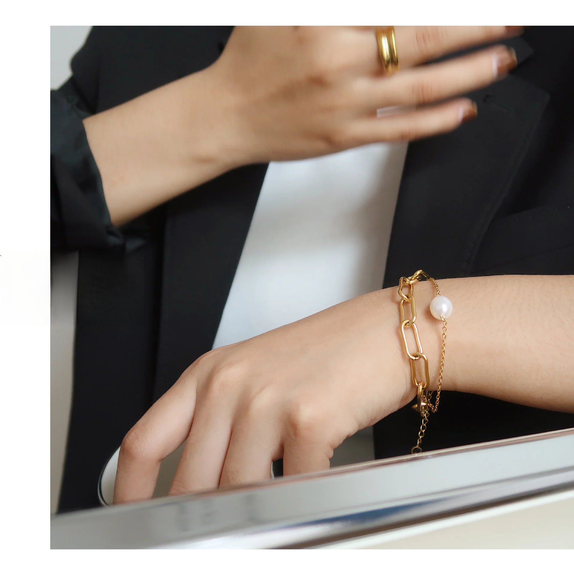 Natural Pearl & Titanium Steel Double Layer Bracelet – Gold Square Chain