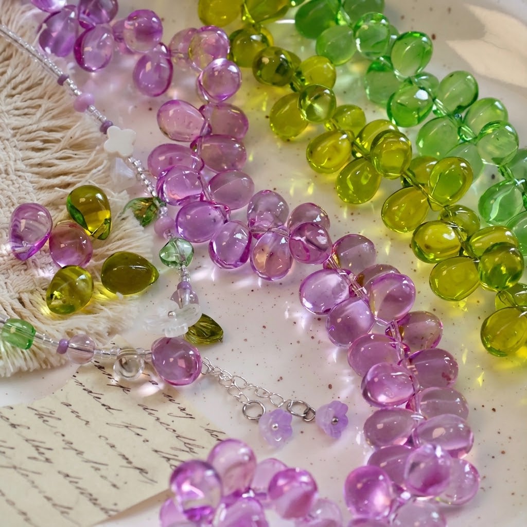 Handcrafted Grape Water Drop Glass Beads | Bellflower & Flower Petal Loose Beads for DIY Jewelry