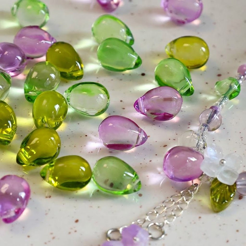 Handcrafted Grape Water Drop Glass Beads | Bellflower & Flower Petal Loose Beads for DIY Jewelry