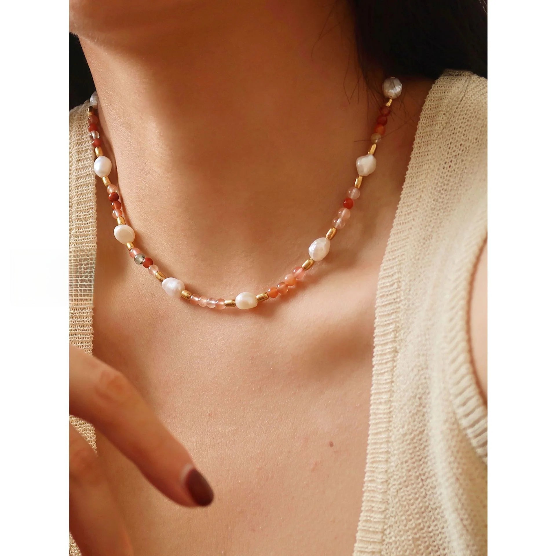 Natural Stone Beaded Necklace & Bracelet – Crystal, Malachite & Pearl | CC Jewelry