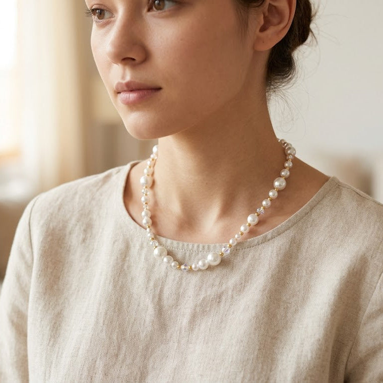 DIY Pearl & Crystal Necklace Making Kit | Glass Pearl + Seed Beads + Faceted Crystal