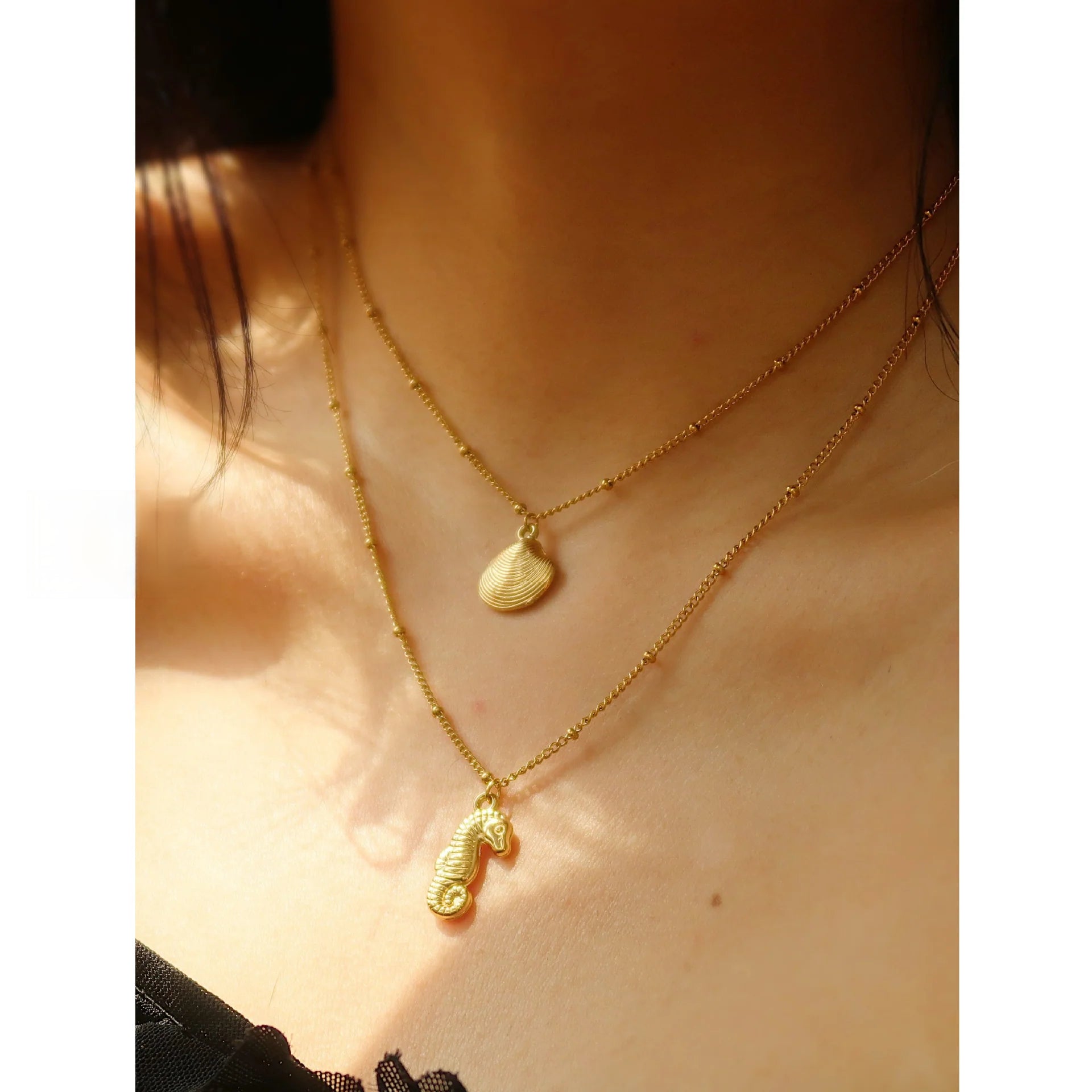 Gold Seahorse & Shell Pendant Necklace | 18K Titanium Steel Ocean Jewelry