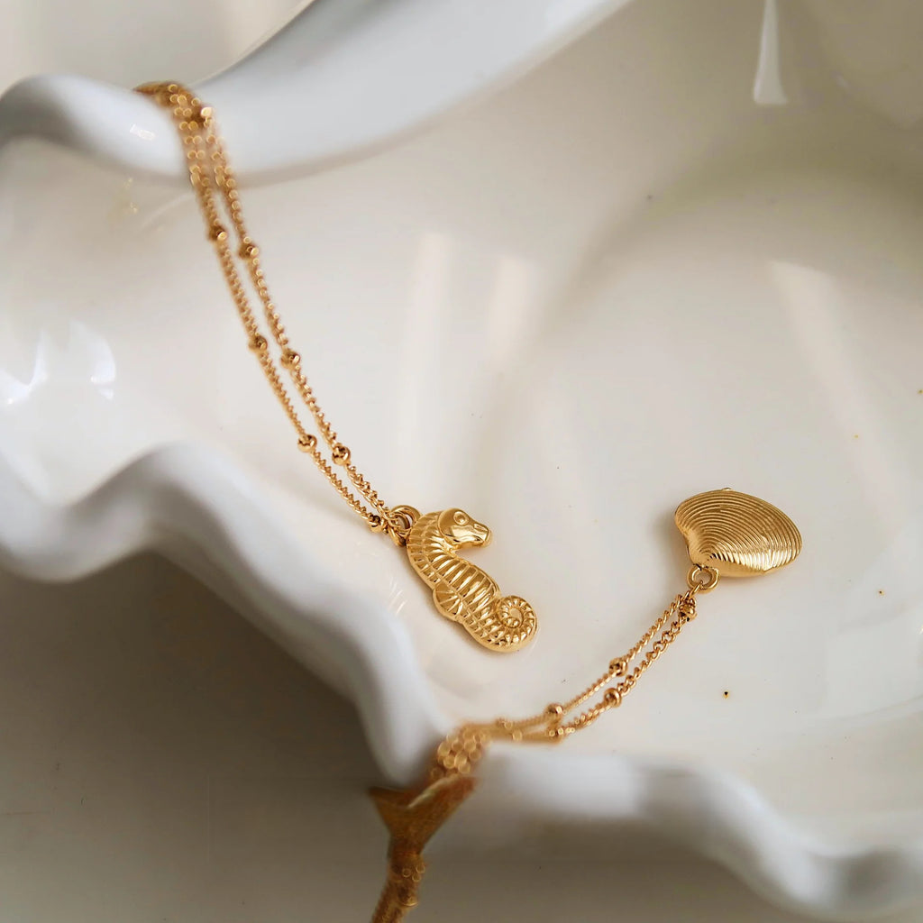 Gold Seahorse & Shell Pendant Necklace | 18K Titanium Steel Ocean Jewelry
