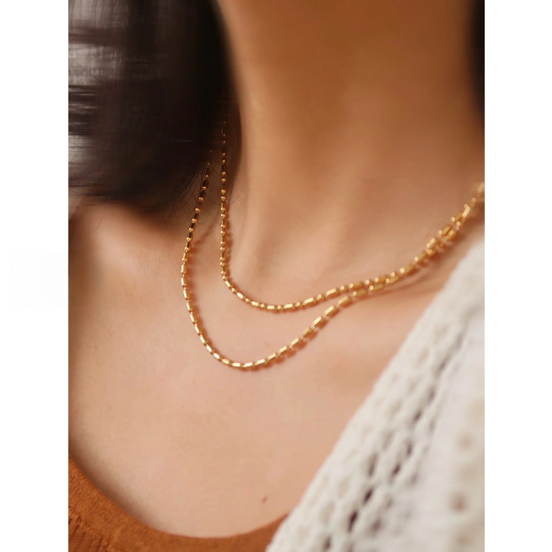 Double Layer Rice Bead Necklace | Gold Layering Chain Stainless Steel