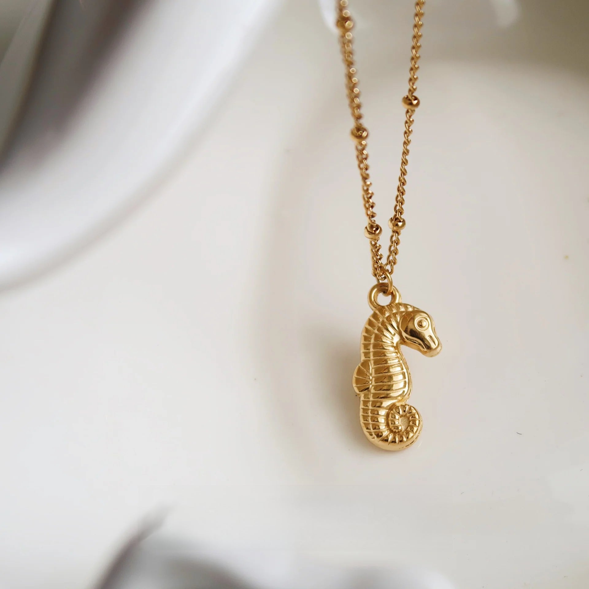 Gold Seahorse & Shell Pendant Necklace | 18K Titanium Steel Ocean Jewelry