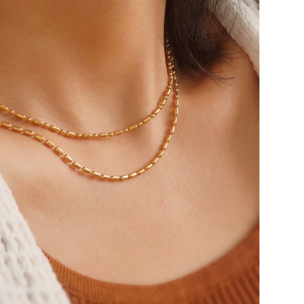 Double Layer Rice Bead Necklace | Gold Layering Chain Stainless Steel