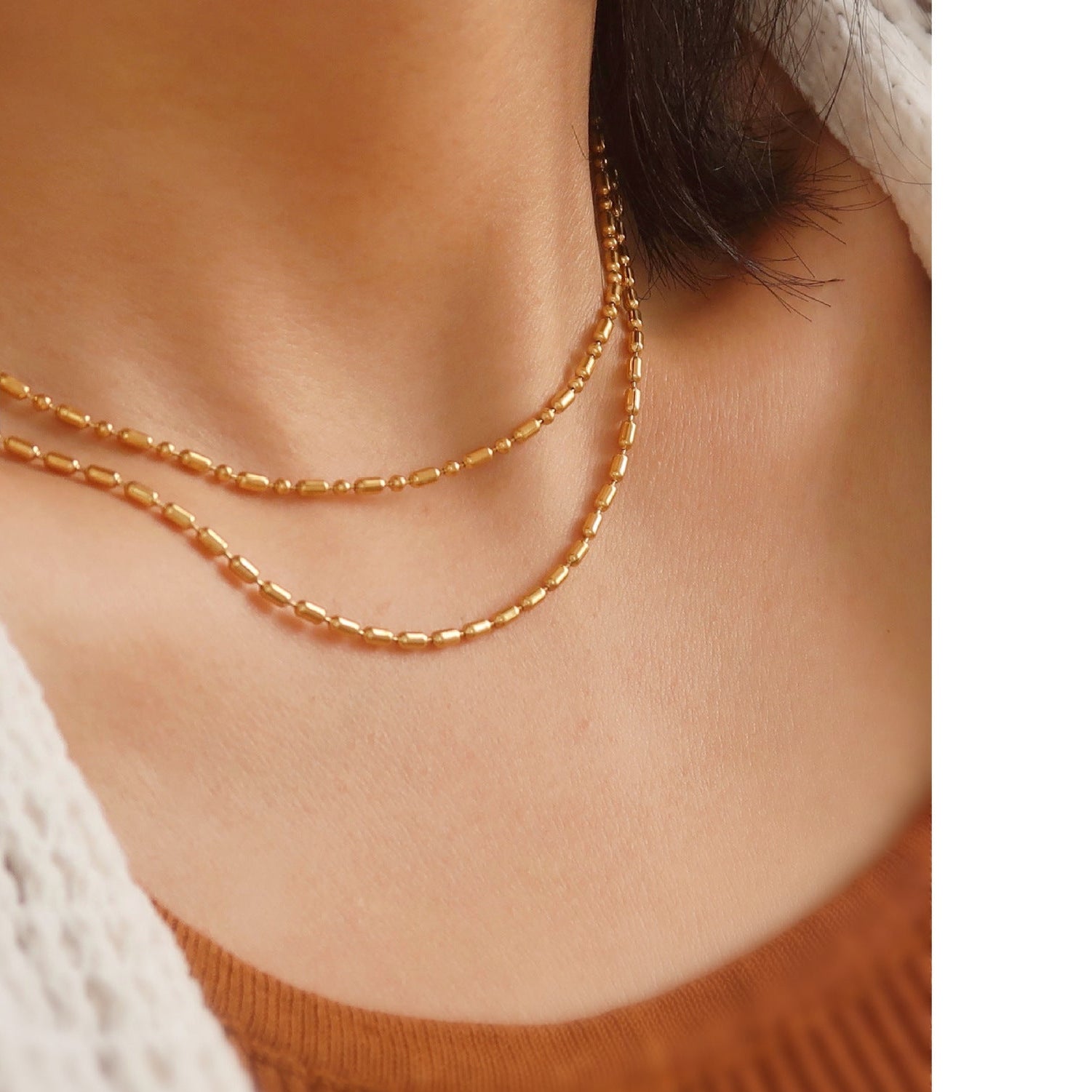 Double Layer Rice Bead Necklace | Gold Layering Chain Stainless Steel