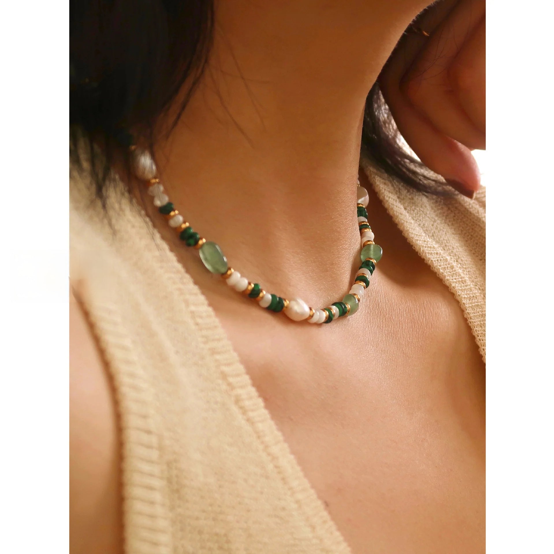 Natural Stone Beaded Necklace & Bracelet – Crystal, Malachite & Pearl | CC Jewelry