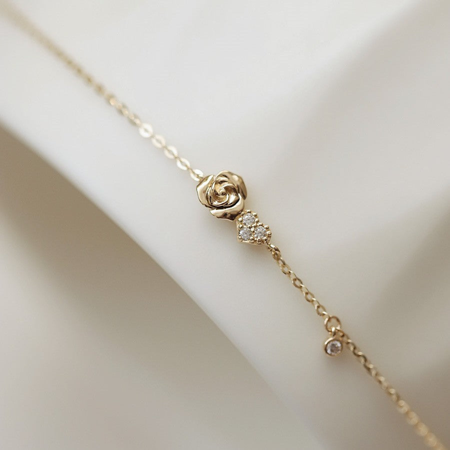 Intricate 5mm rose flower charm and sweet heart accent on fine silver chain
