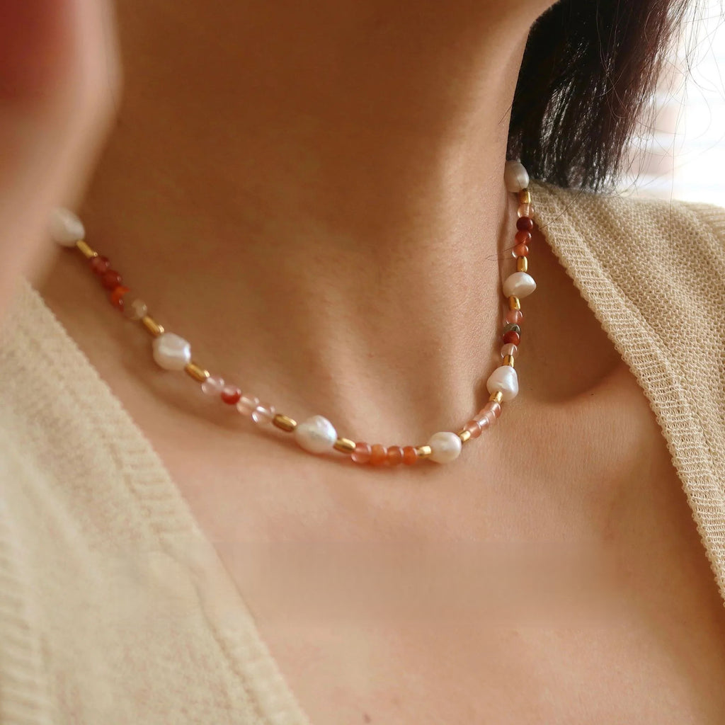Natural Stone Beaded Necklace & Bracelet – Crystal, Malachite & Pearl | CC Jewelry
