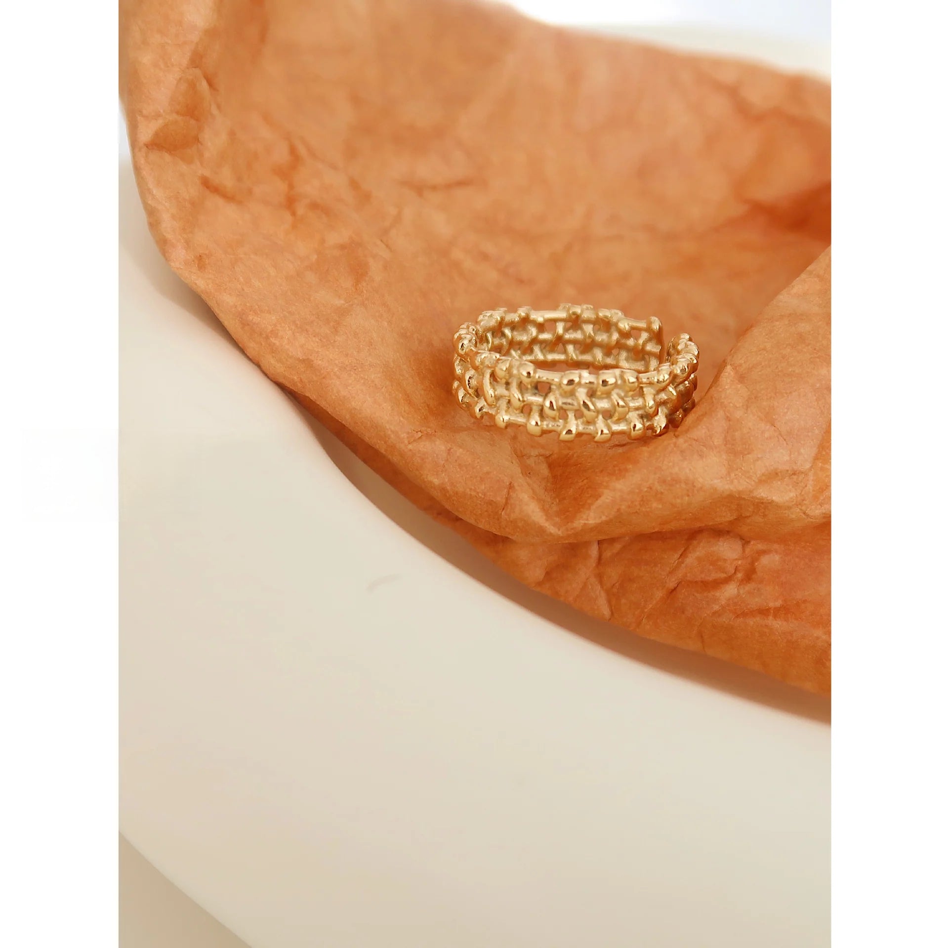 Titanium Steel Woven Open Ring – Adjustable Hollow Gold Band