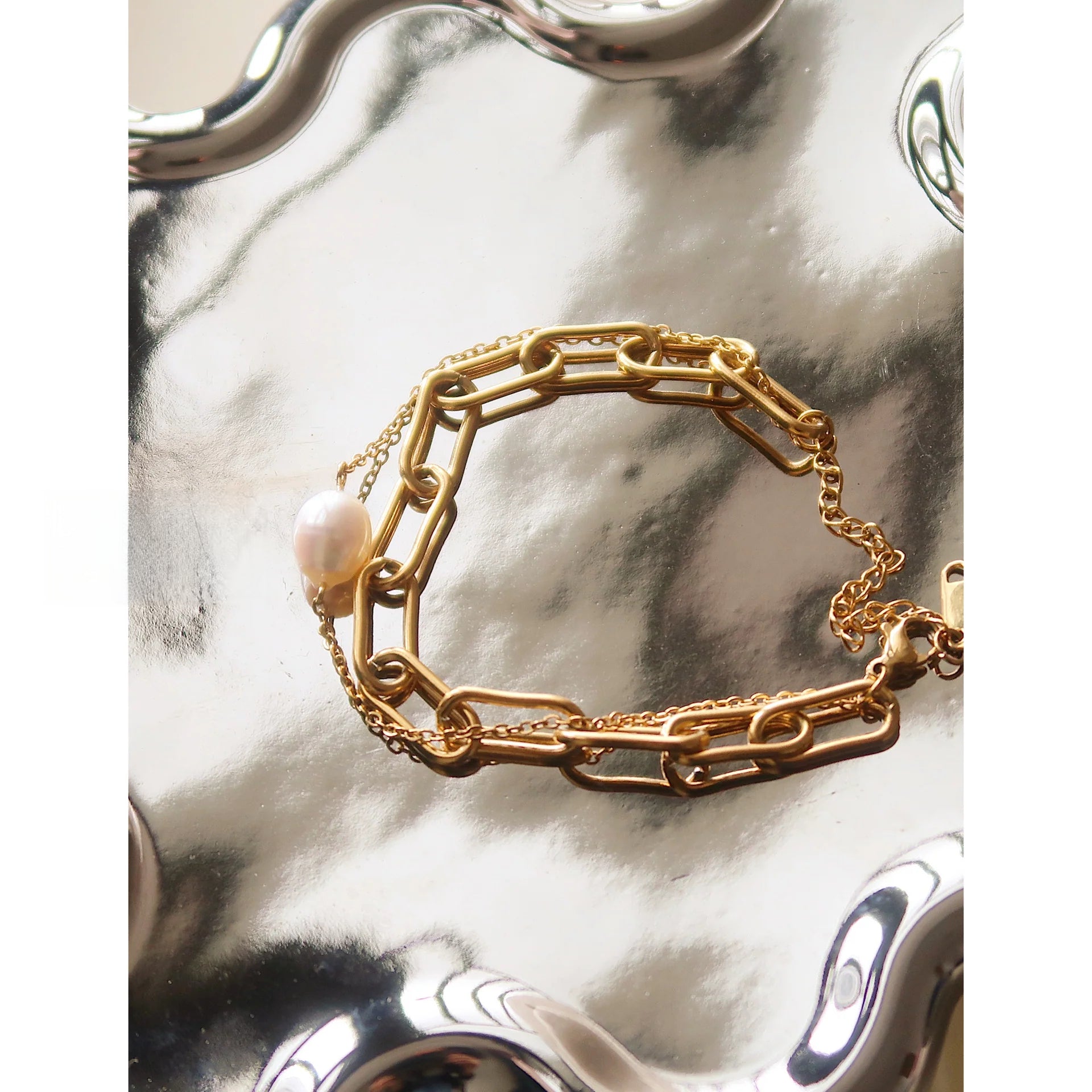 Natural Pearl & Titanium Steel Double Layer Bracelet – Gold Square Chain