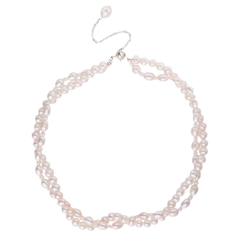 Double-Layer Natural Baroque Freshwater Pearl Necklace with Sterling Silver Clasp by CC Jewelry