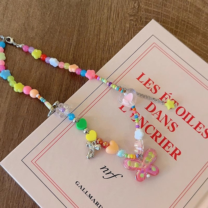 Rainbow Candy Charm Beaded Necklace | Kawaii Y2K Butterfly & Bunny Style