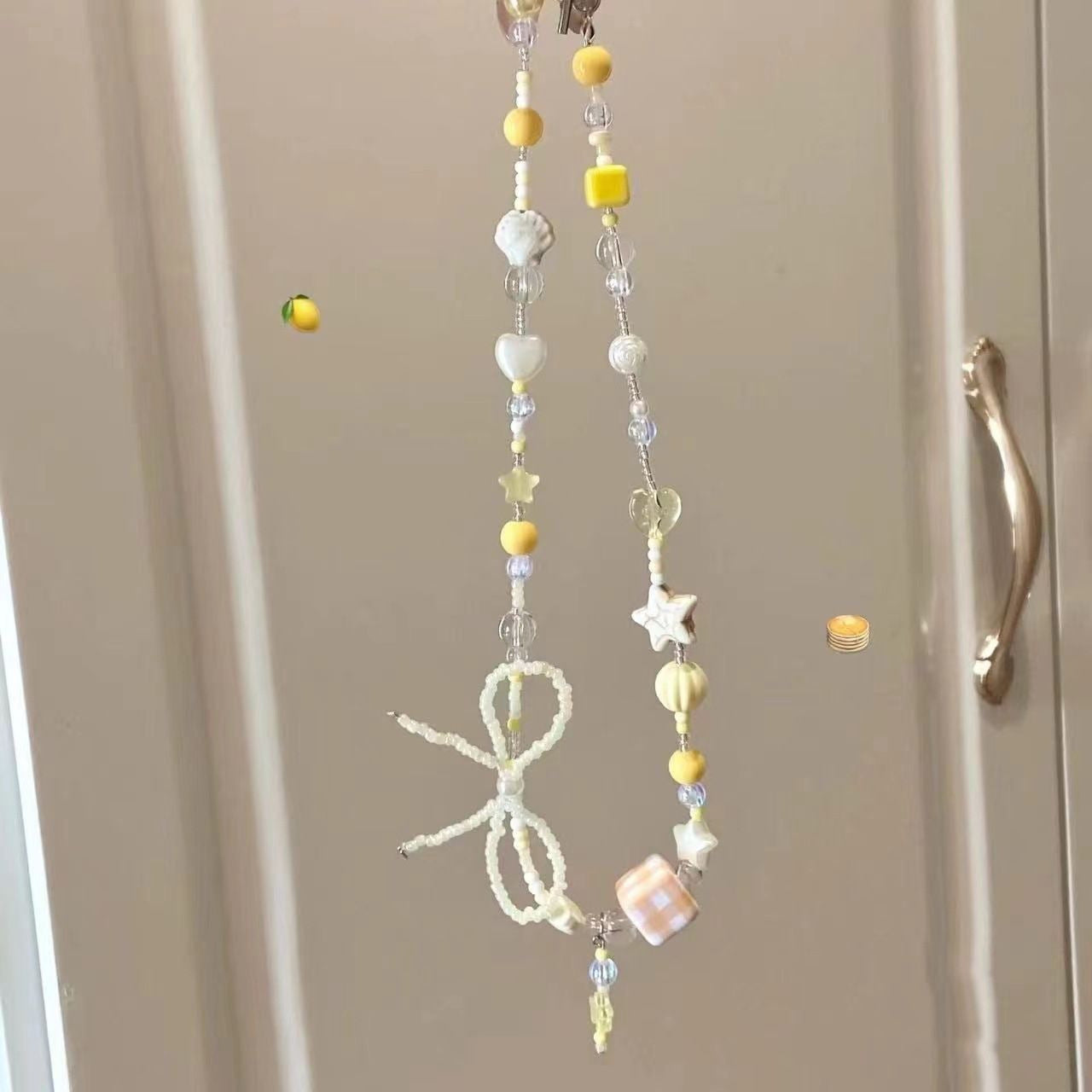 Cream & Yellow Mixed Charm Beaded Necklace | Cottagecore Bow Shell Star Style