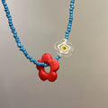 Sky Blue Beaded Necklace with Red & Daisy Flower Charms | Boho INS Style