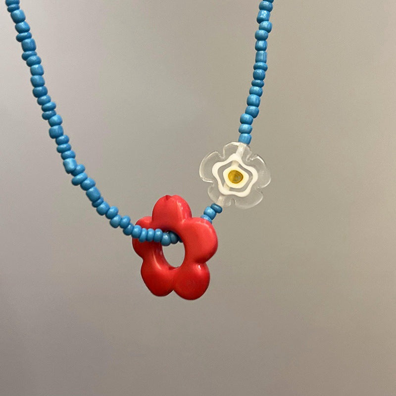 Sky Blue Beaded Necklace with Red & Daisy Flower Charms | Boho INS Style