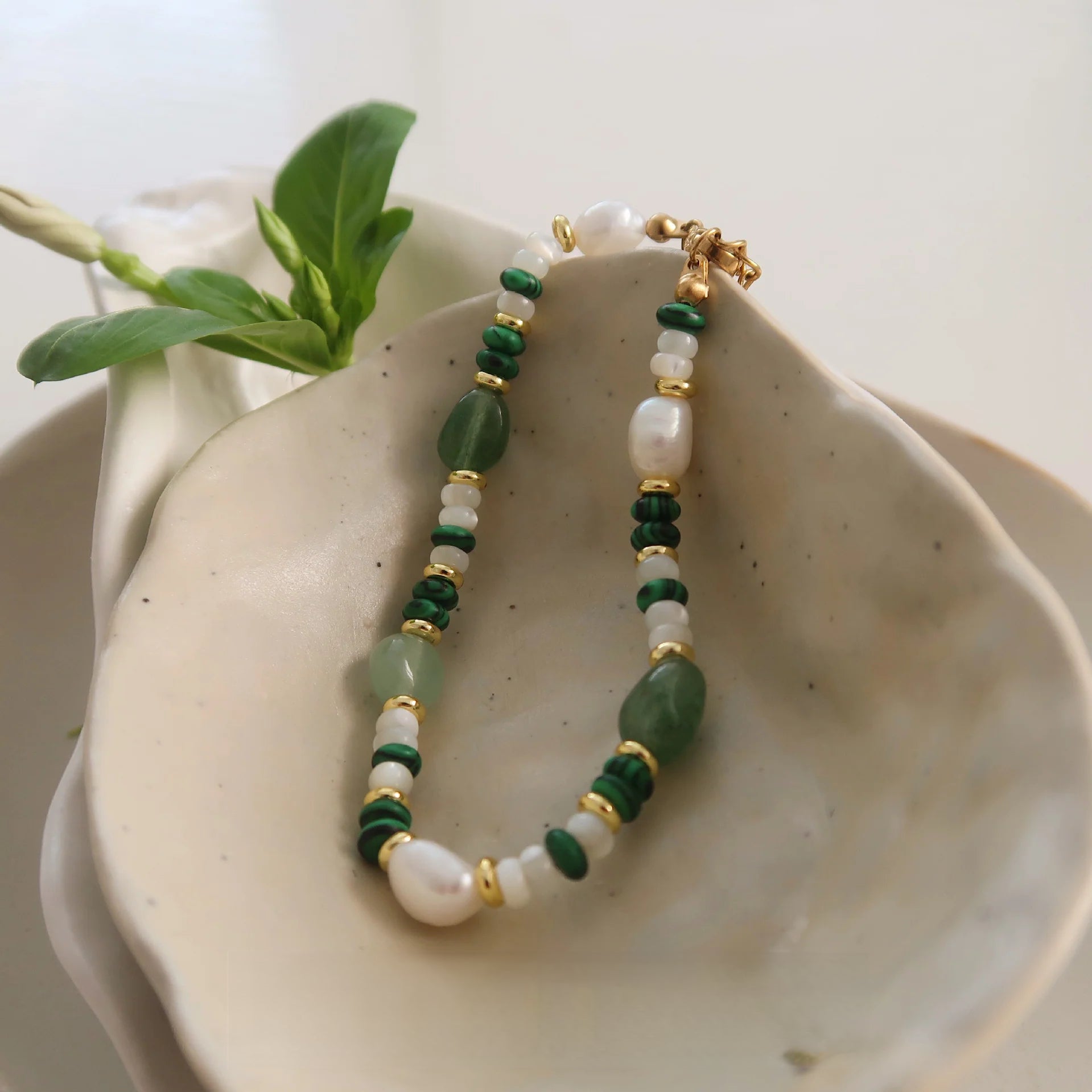 Natural Stone Beaded Necklace & Bracelet – Crystal, Malachite & Pearl | CC Jewelry