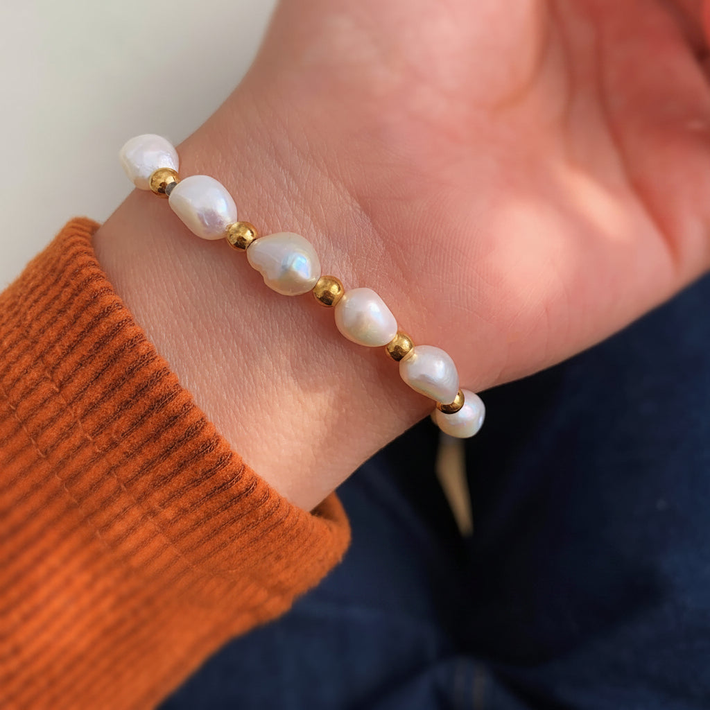 Unique organic shape and high luster of genuine baroque pearls on gold bracelet1