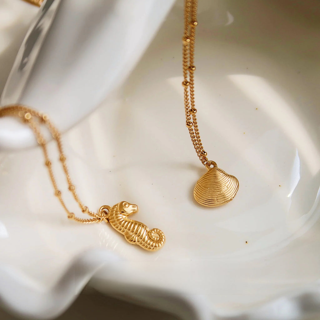 Gold Seahorse & Shell Pendant Necklace | 18K Titanium Steel Ocean Jewelry