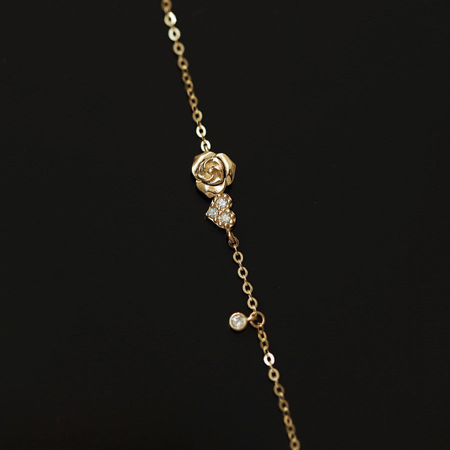 Intricate 5mm rose flower charm and sweet heart accent on fine 18k gold  chain
