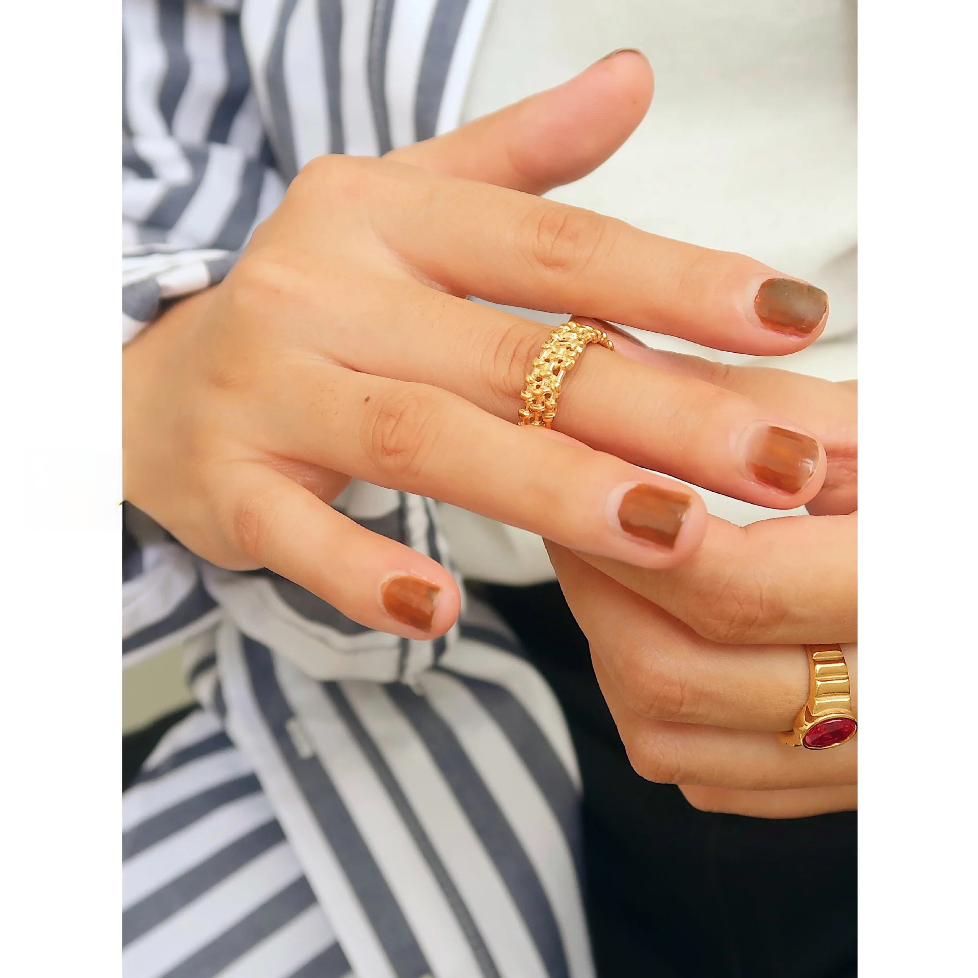 Titanium Steel Woven Open Ring – Adjustable Hollow Gold Band