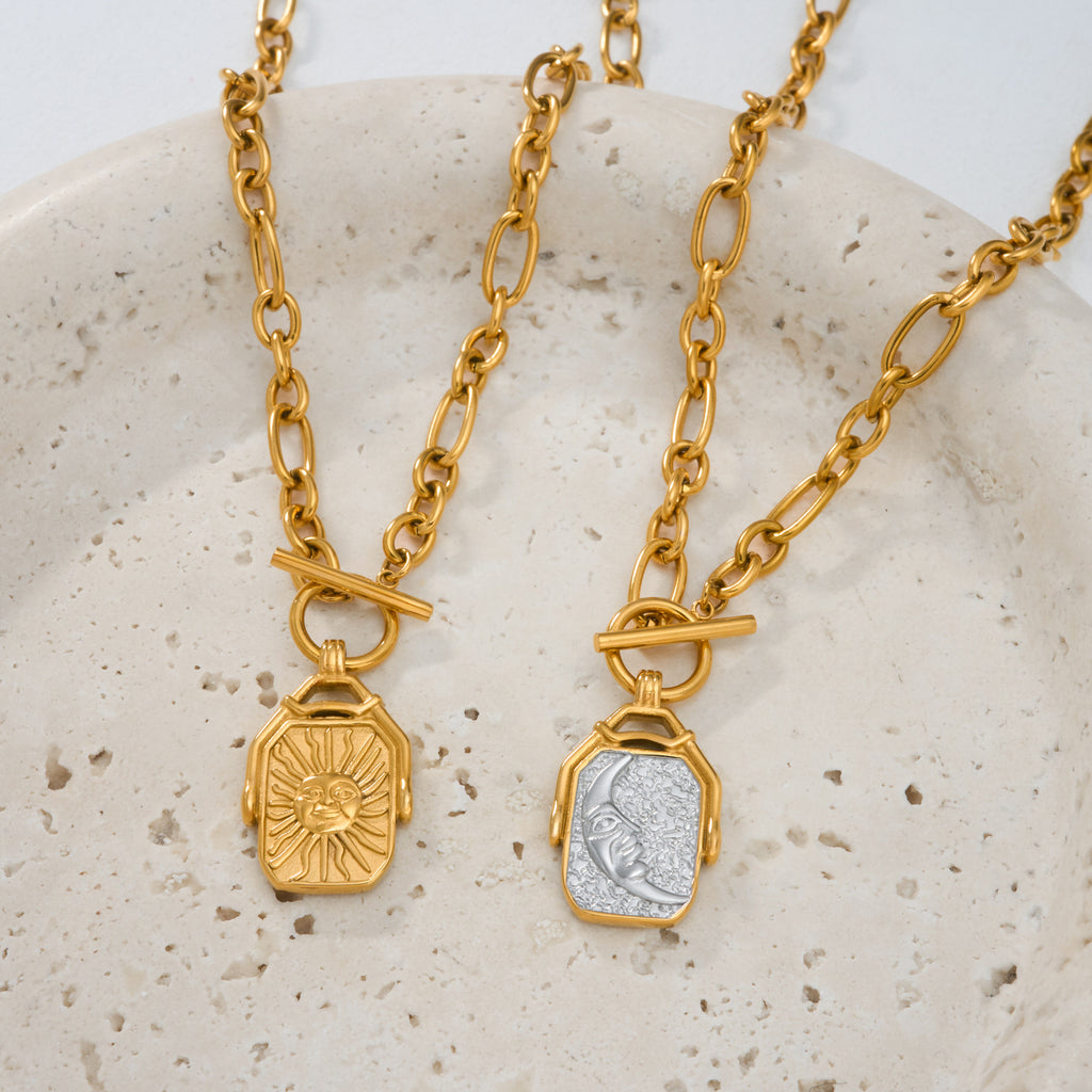 Sun & Moon Double-sided pendant| 18K Gold PVD Titanium Steel