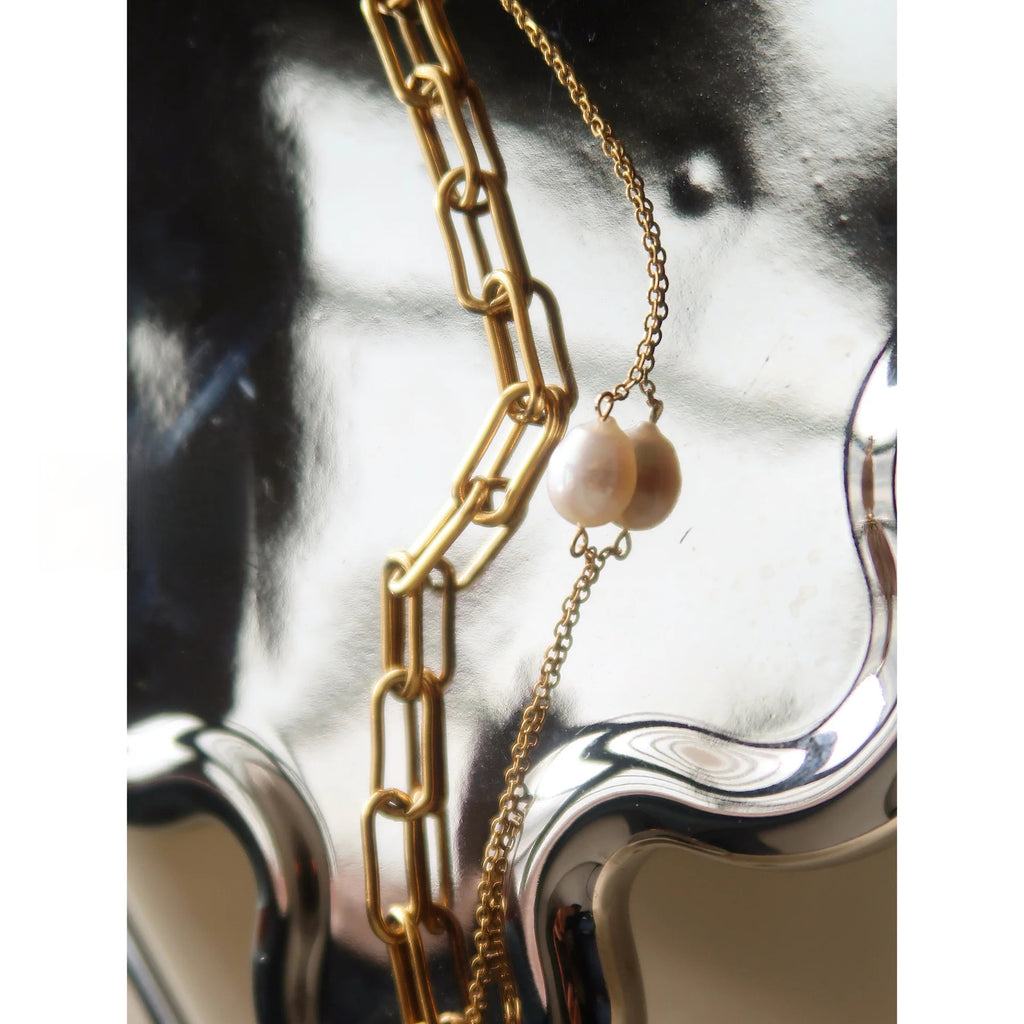 Natural Pearl & Titanium Steel Double Layer Bracelet – Gold Square Chain