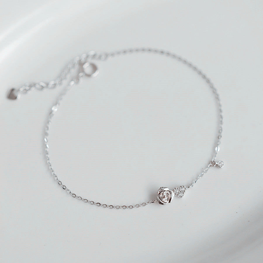 Dainty white gold plated S925 silver rose flower chain bracelet for women