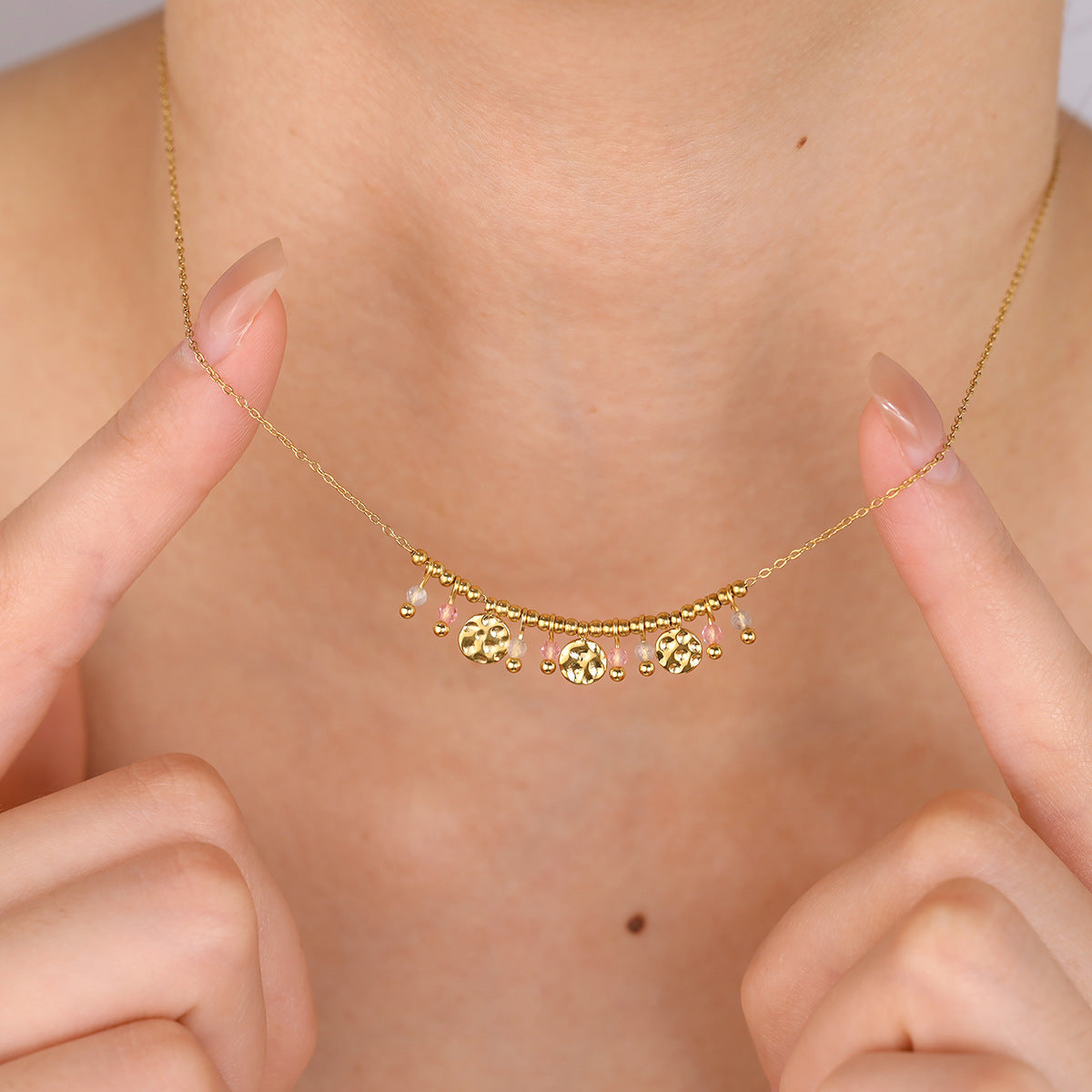 Elegant minimalist jewelry genuine natural stone disc clavicle chain