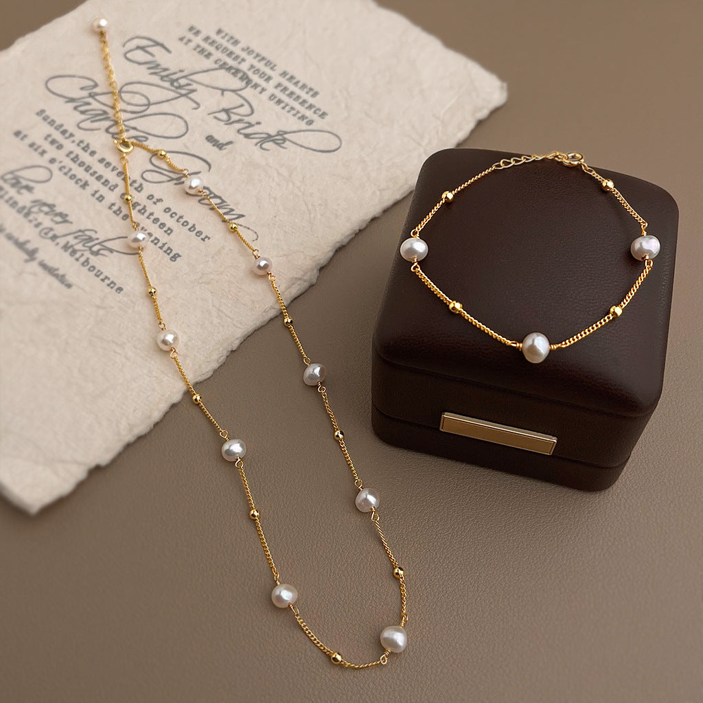 5A freshwater pearl bracelet and necklace set with 18K gold plated starry design