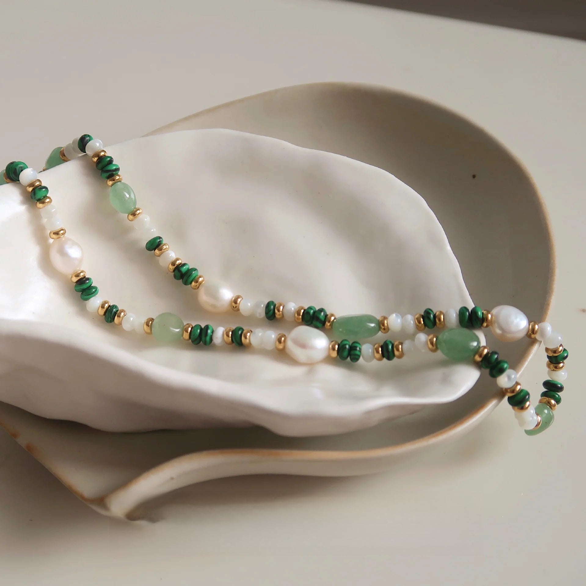 Natural Stone Beaded Necklace & Bracelet – Crystal, Malachite & Pearl | CC Jewelry