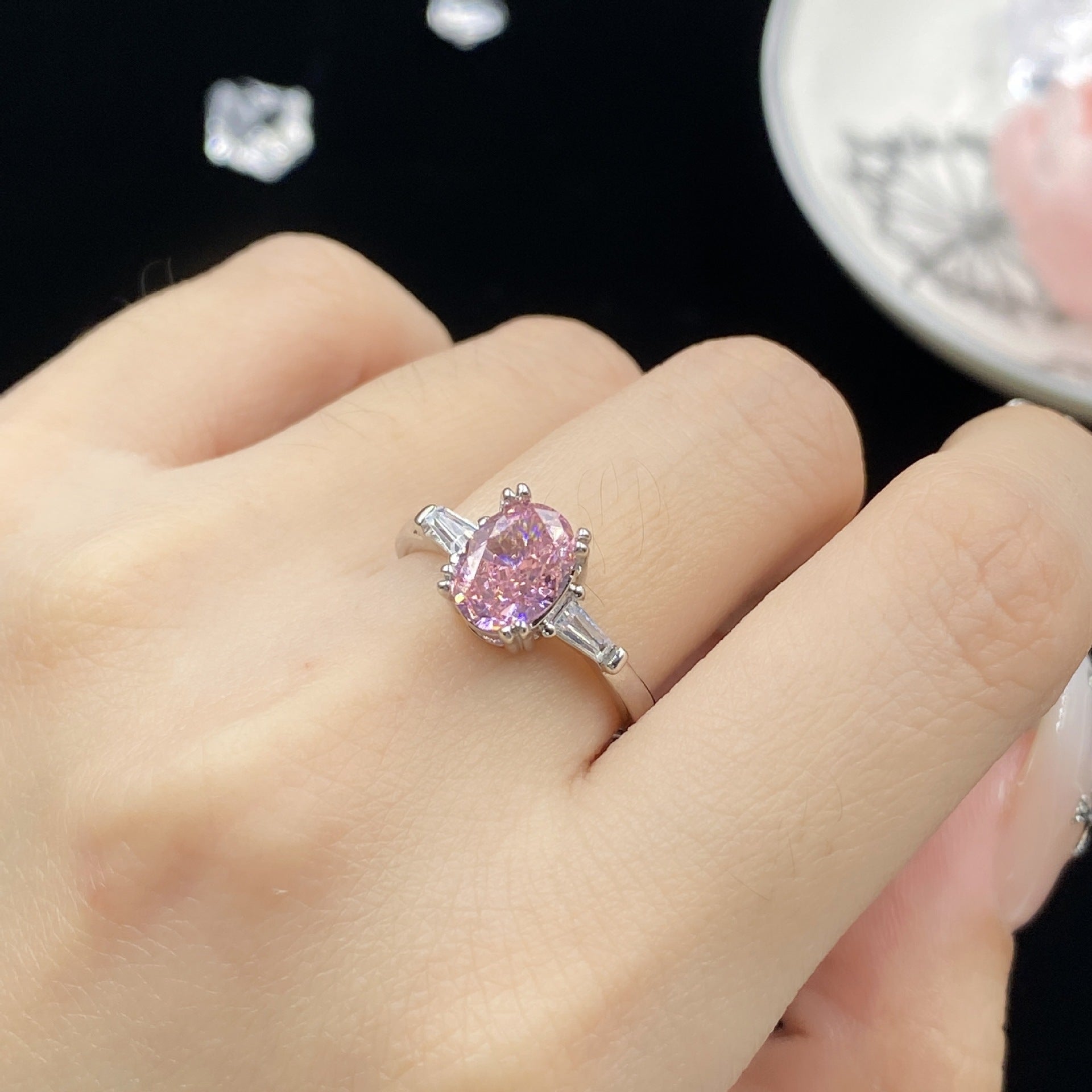Elegant pink ice-flower cut zircon open ring with a large pigeon egg statement stone