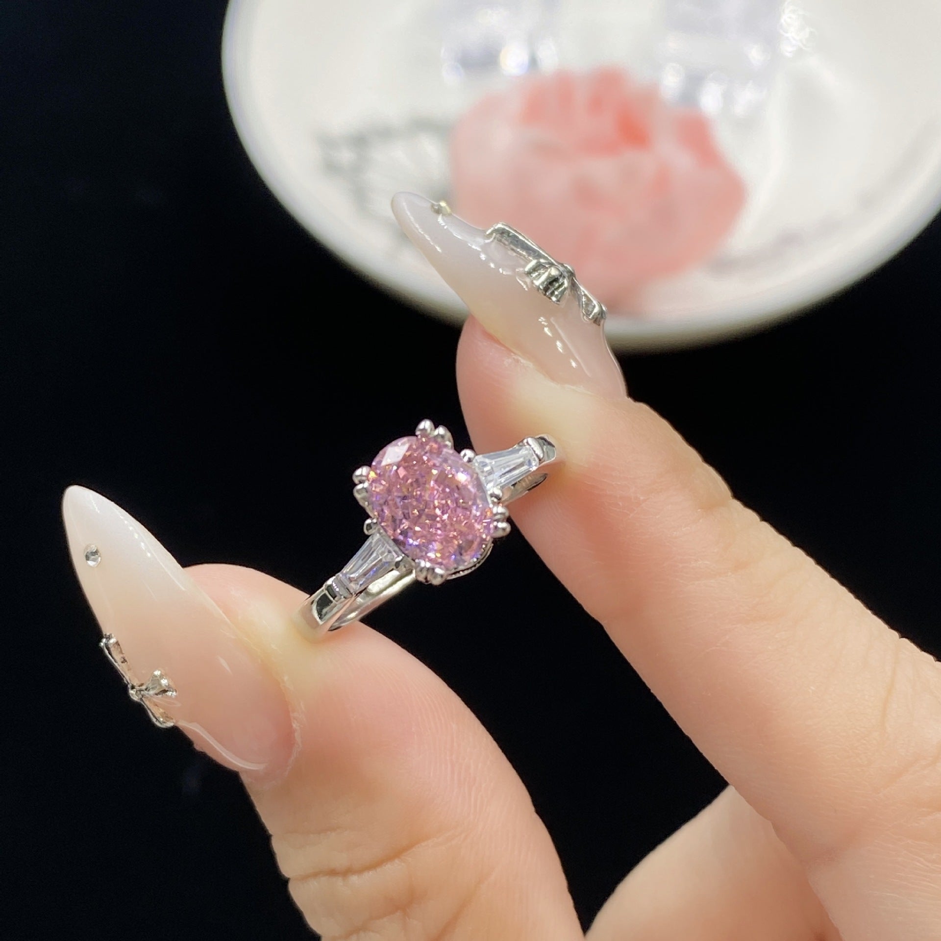 Elegant pink ice-flower cut zircon open ring