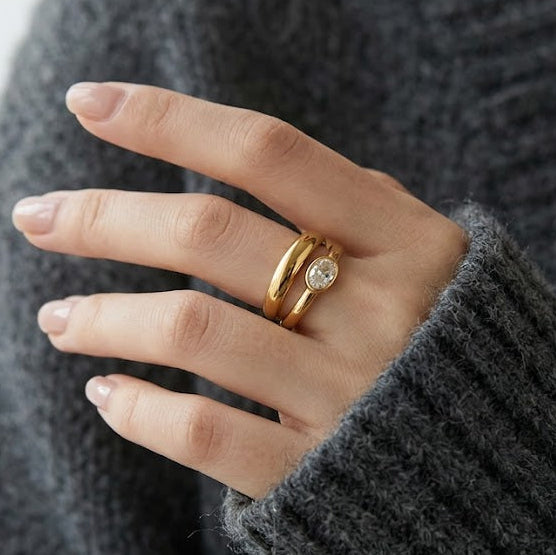 Double-Layer Oval Zircon Ring | 18K Gold Titanium Steel | Vintage French Style for Women